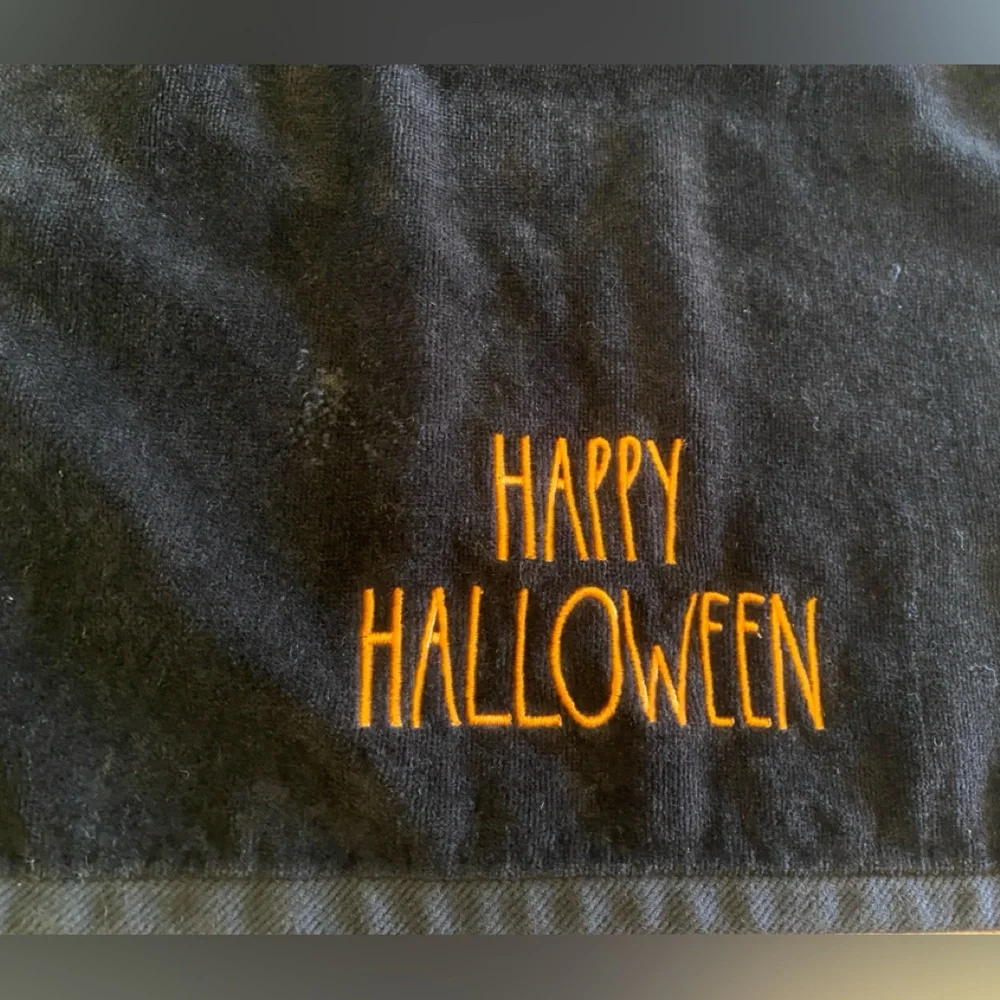Rae Dunn Happy Halloween Hand Towels Black Towels with Orange Halloween Text